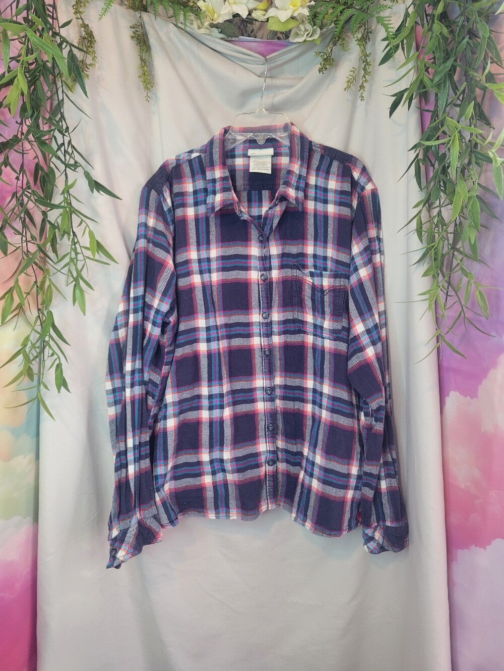 Dickies Navy Blue, Pink & White Plaid Button-Down Shirt